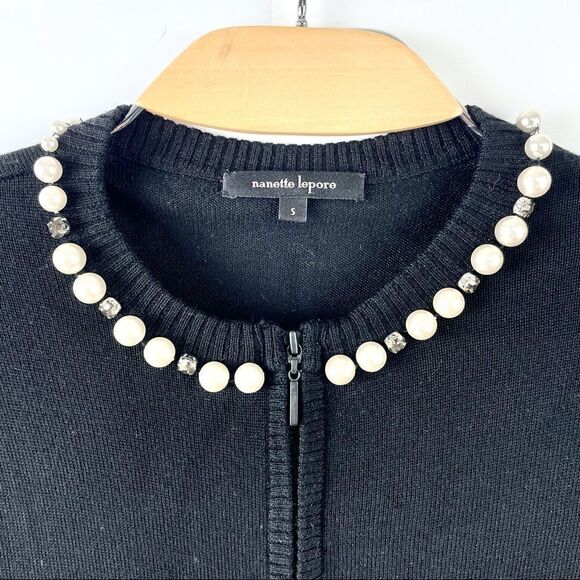 Nanette Lepore Carnival Pearl & Rhinestone Embellished Black Wool Cardigan US S - Picture 6 of 14